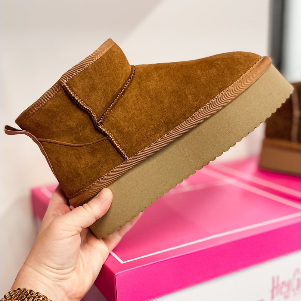Corkys Footwear Tobacco Faux Suede Room Service Platform Boot Faux Fur Lining